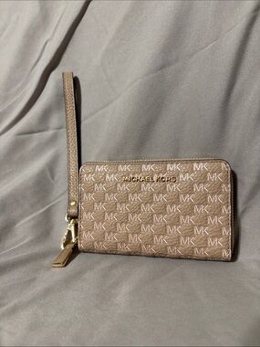 Michael Kors Taupe MK Logo Wristlet with Gold Hardware